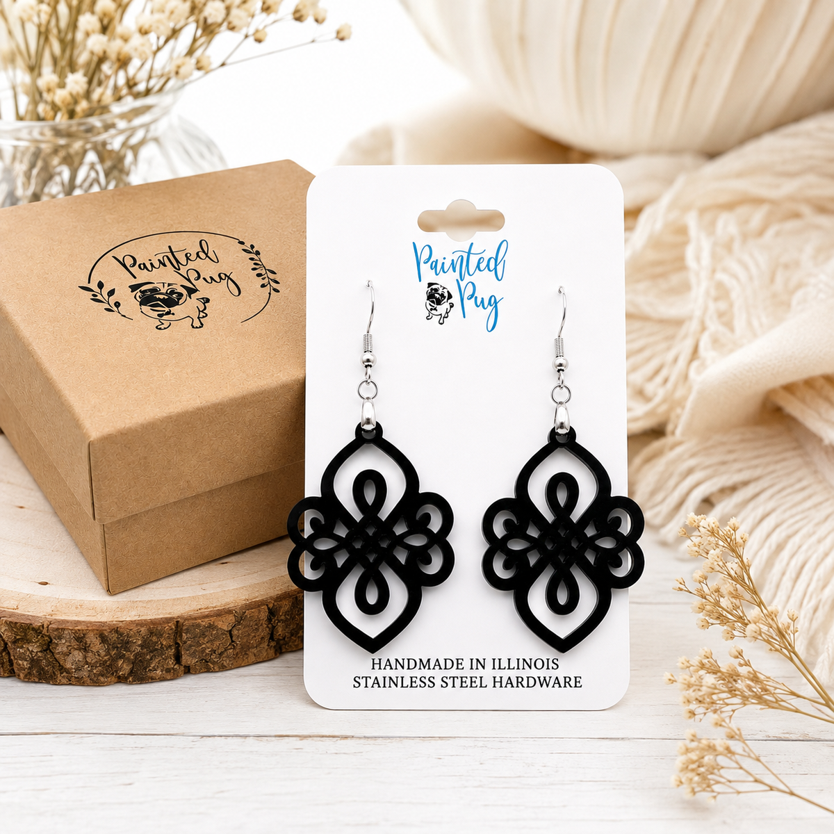 Black Filigree Cutout Statement Dangle Earrings – Acrylic