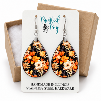 Fall Floral Teardrop Earrings – Daisies and Leaves