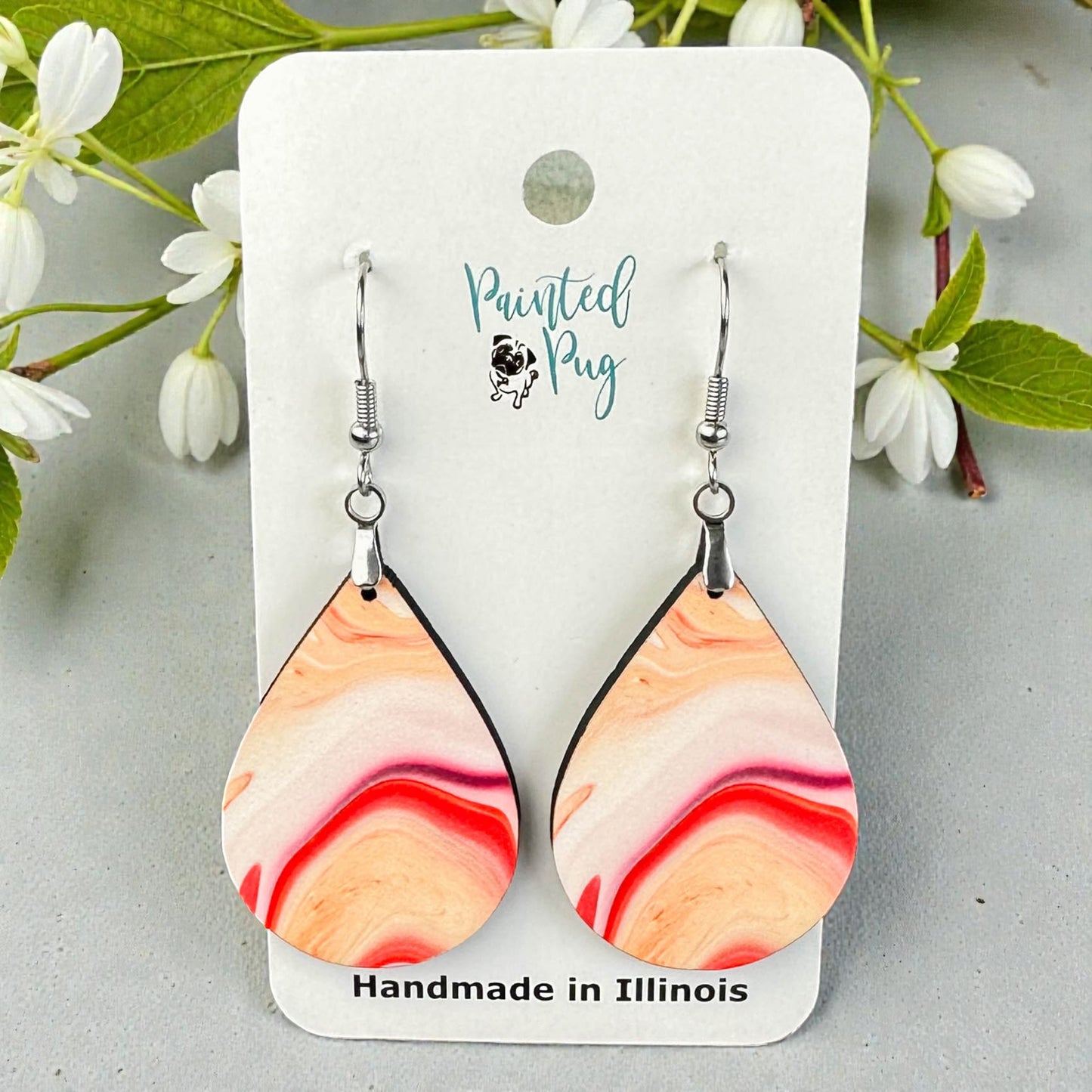Peach Marble Teardrop Earrings – Soft Abstract Swirl Print