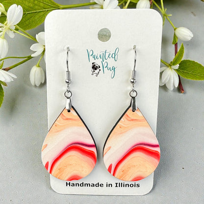 Peach Marble Teardrop Earrings – Soft Abstract Swirl Print