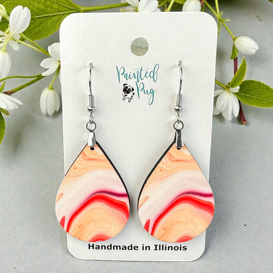 Peach Marble Teardrop Earrings – Soft Abstract Swirl Print