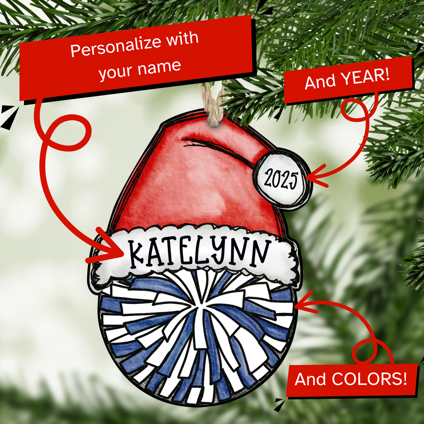 Personalized Cheer Pom Ornament – Custom Name, Number & Year