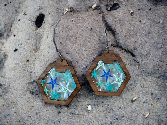 Starfish Walnut Hex Earrings Boho Earrings Summer Dangling Earrings