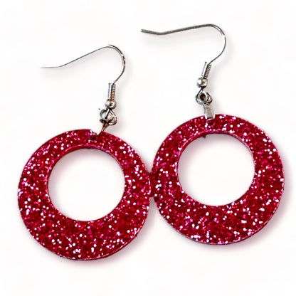Pink Glitter Acrylic Hoop Earrings – Sparkle Open Circle Design