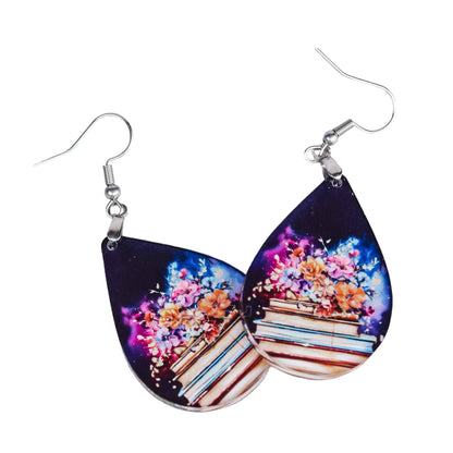 Floral Book Lover Earrings – Acrylic Teardrop Dangle for Readers and Teachers