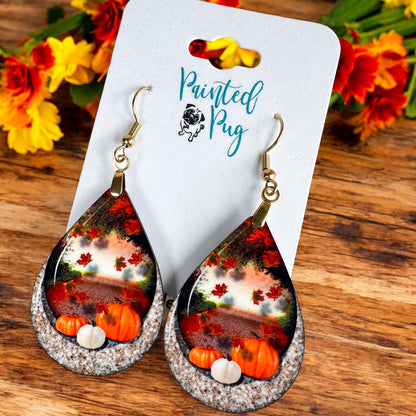 Handmade Fall Pumpkin and Maple Leaf Earrings | Glossy MDF Wood | 2.25" Teardrop Dangle with Gold Stainless Steel Hardware