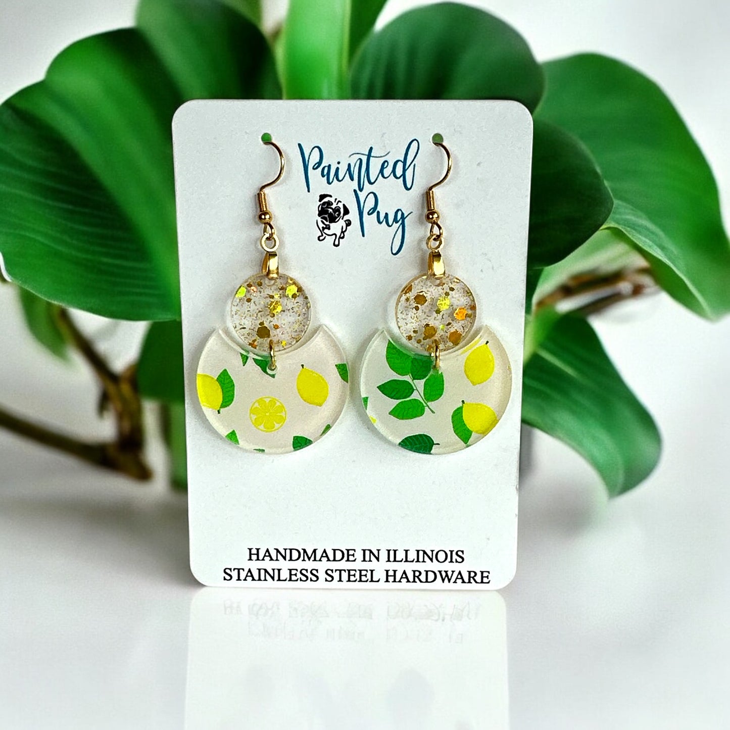 Lemon Print Glitter Dangle Earrings – Two-Tier Acrylic Circles