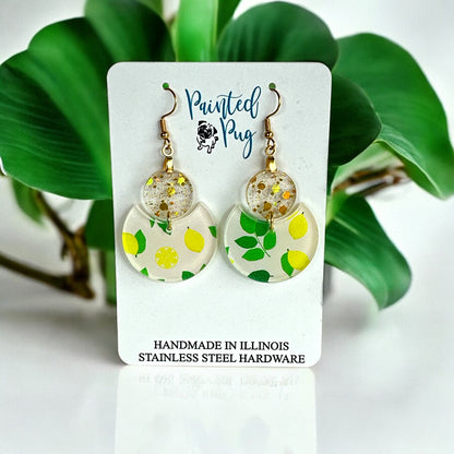 Lemon Print Glitter Dangle Earrings – Two-Tier Acrylic Circles