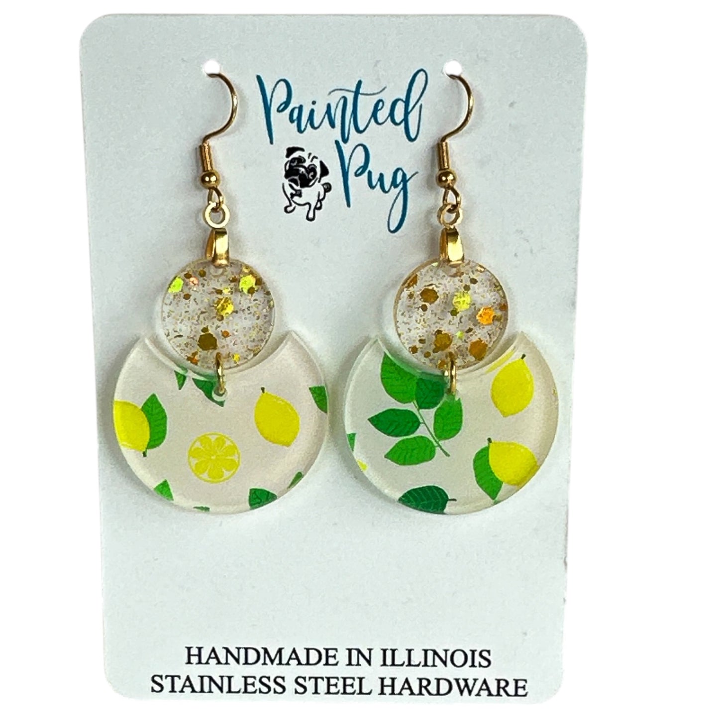 Lemon Print Glitter Dangle Earrings – Two-Tier Acrylic Circles