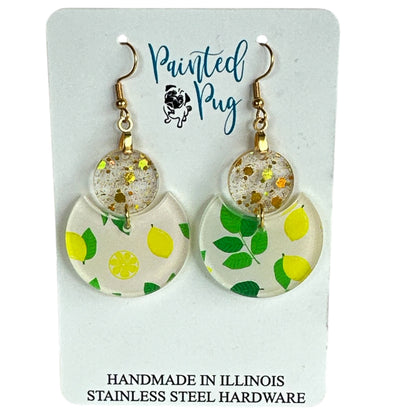 Lemon Print Glitter Dangle Earrings – Two-Tier Acrylic Circles