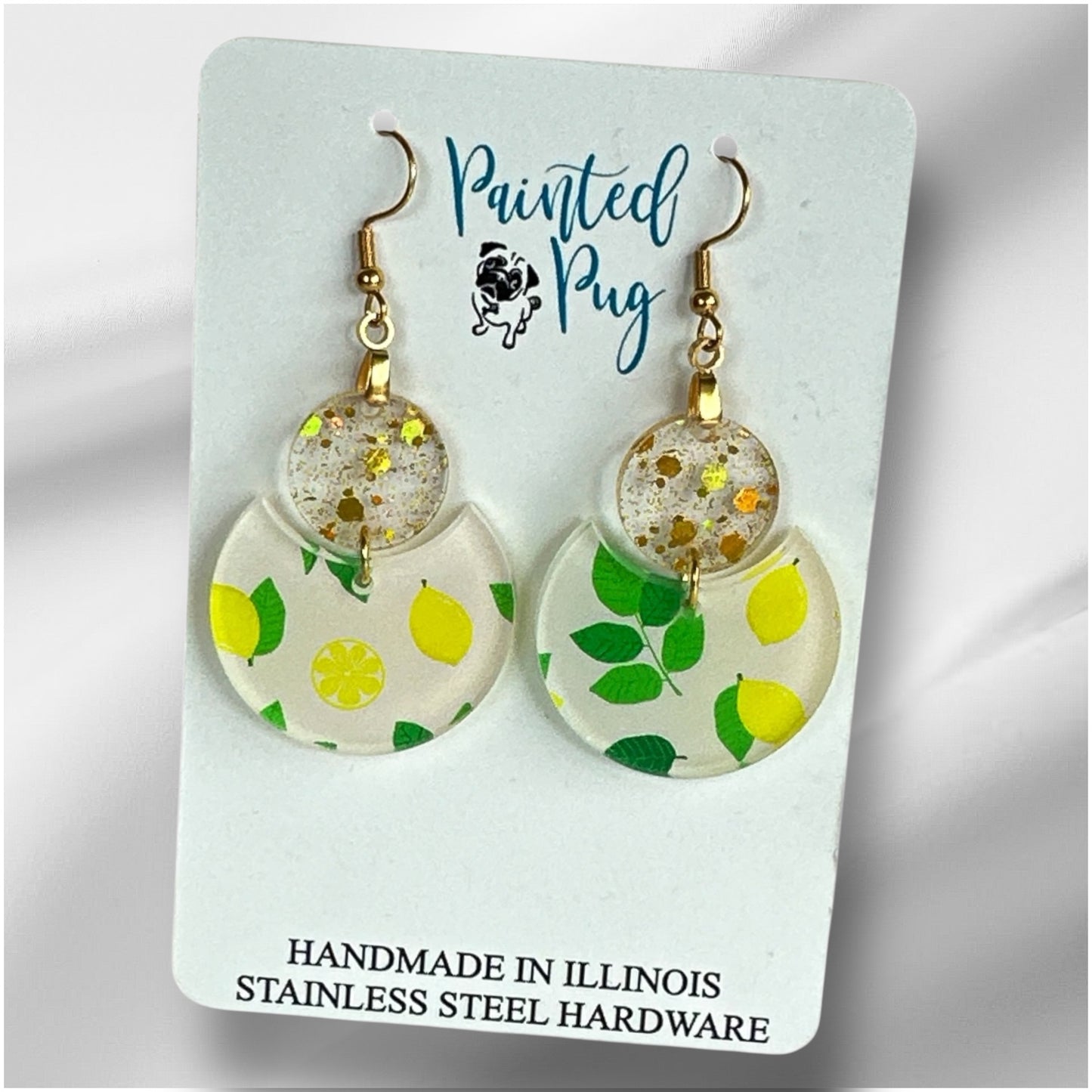 Lemon Print Glitter Dangle Earrings – Two-Tier Acrylic Circles