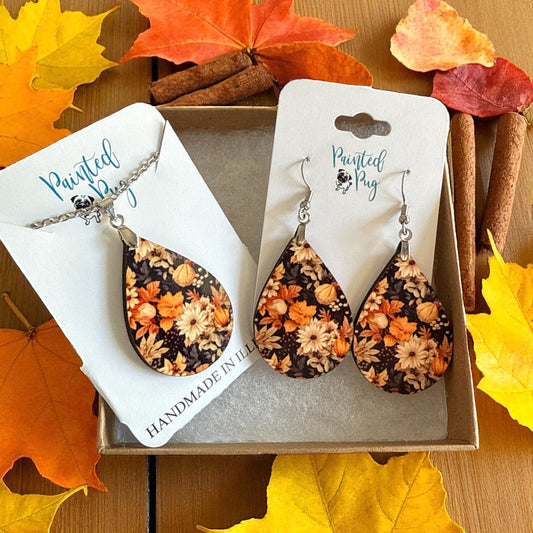 Fall Floral Teardrop Earrings – Daisies and Leaves