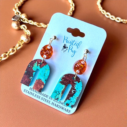 Orange Glitter and Patina Arch Acrylic Earrings