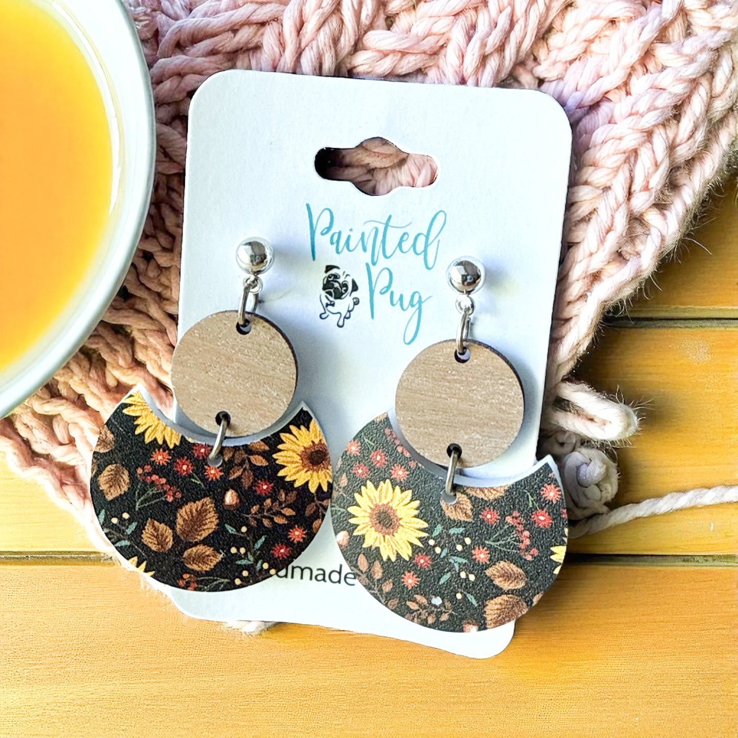Sunflower and Wood Half Circle Acrylic Earrings