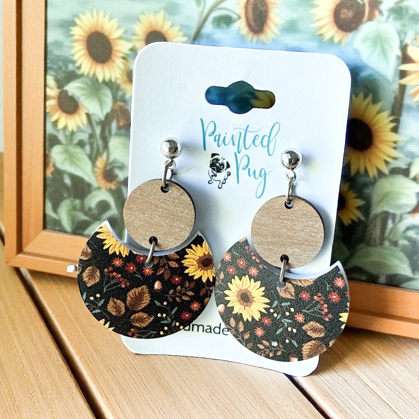 Sunflower and Wood Half Circle Acrylic Earrings