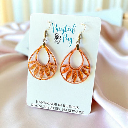 Orange glitter teardrop acrylic dangle earrings, sparkly fall style, lightweight — The Painted Pug