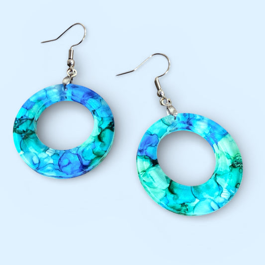 Blue Green Watercolor Hoop Earrings – Teal Acrylic Circle Dangle Earrings