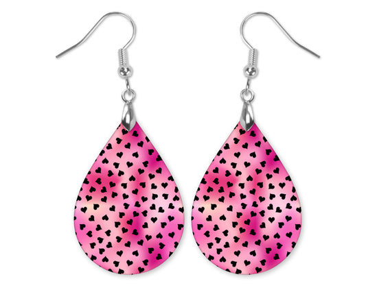 Pink Teardrop Earrings with Black Hearts – Valentine’s Day Statement Jewelry