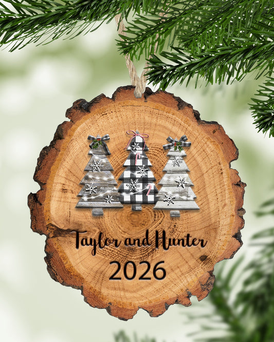 Personalized plaid tree wood slice Christmas ornament hanging on a Christmas tree - The Painted Pug