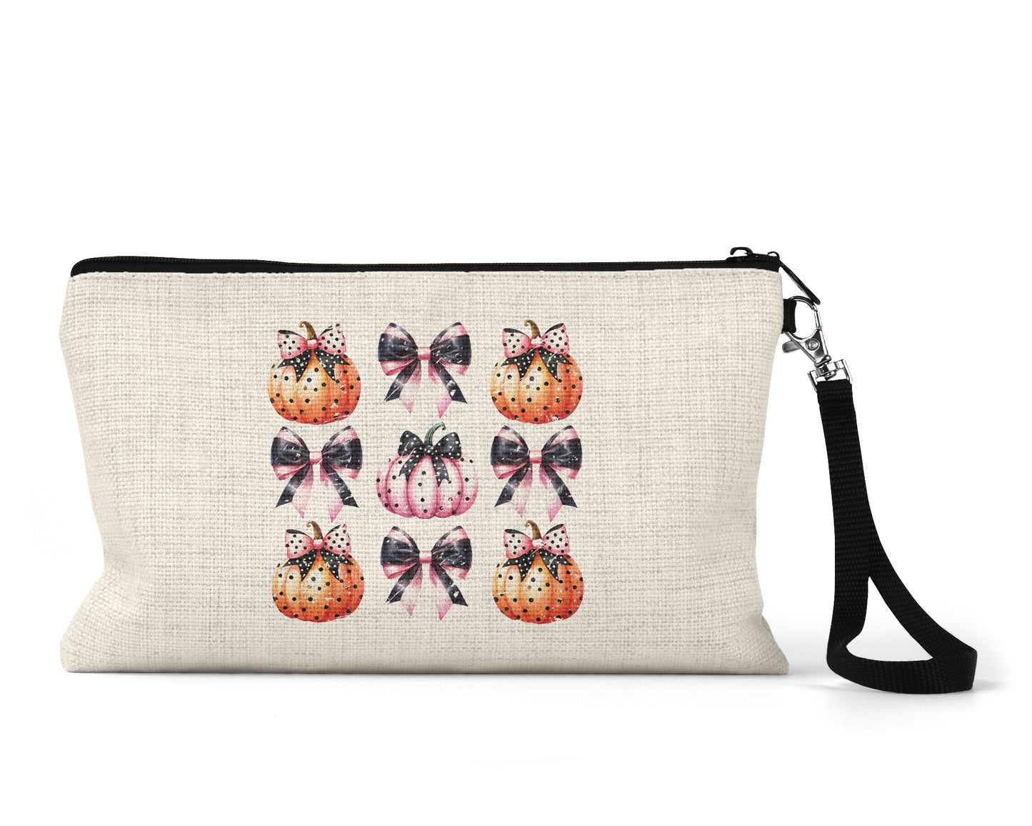 Pink Coquette Pumpkins and Bows Makeup Bag front view on a white background