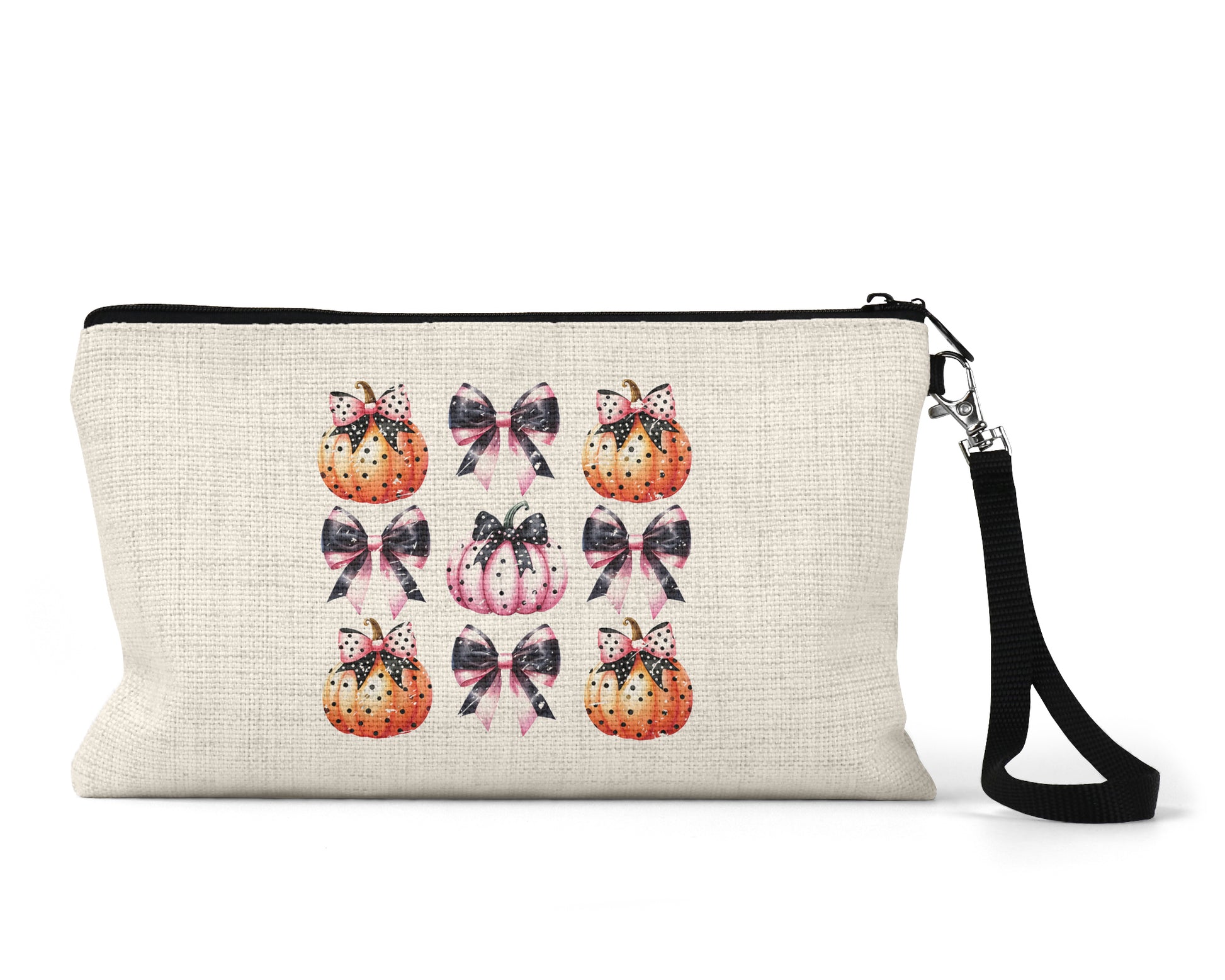 Pink Coquette Pumpkins and Bows Makeup Bag front view on a white background