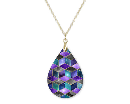 Purple Green Geometric Pattern Teardrop Shape Necklace
