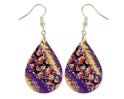 Purple Gold and Black Football Teardrop Earrings