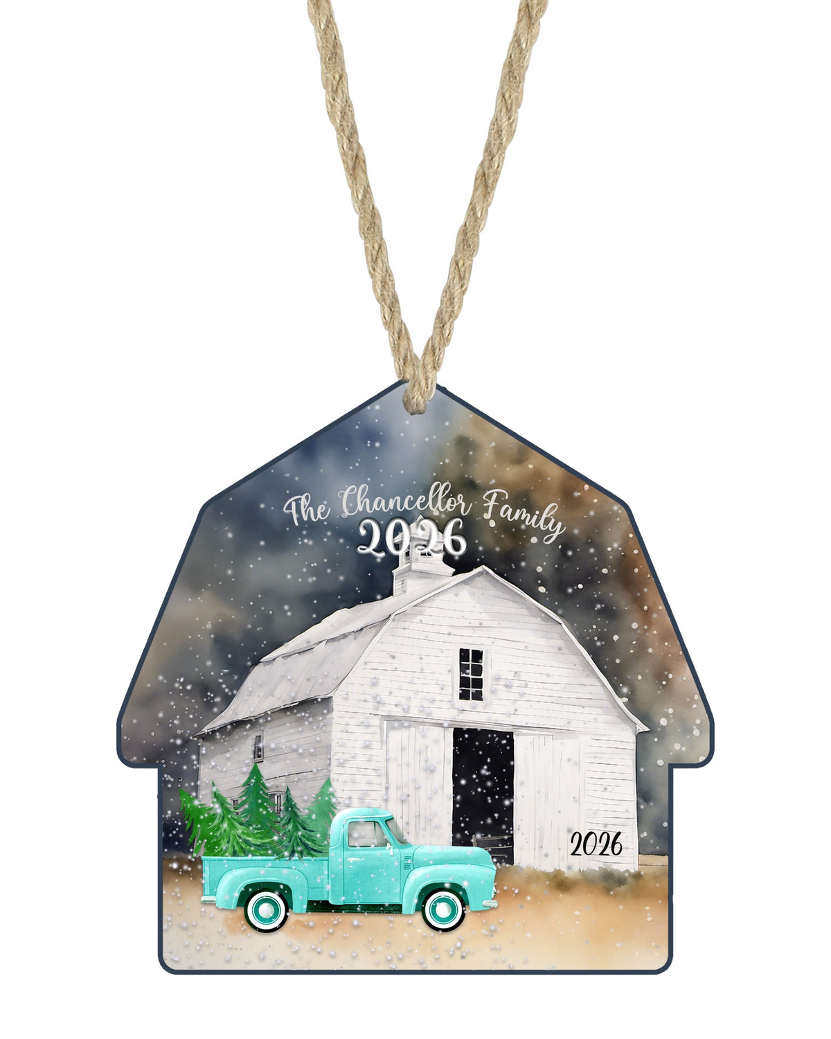 Barn with Blue Truck Christmas ornament on white with rope hanger - The Painted Pug