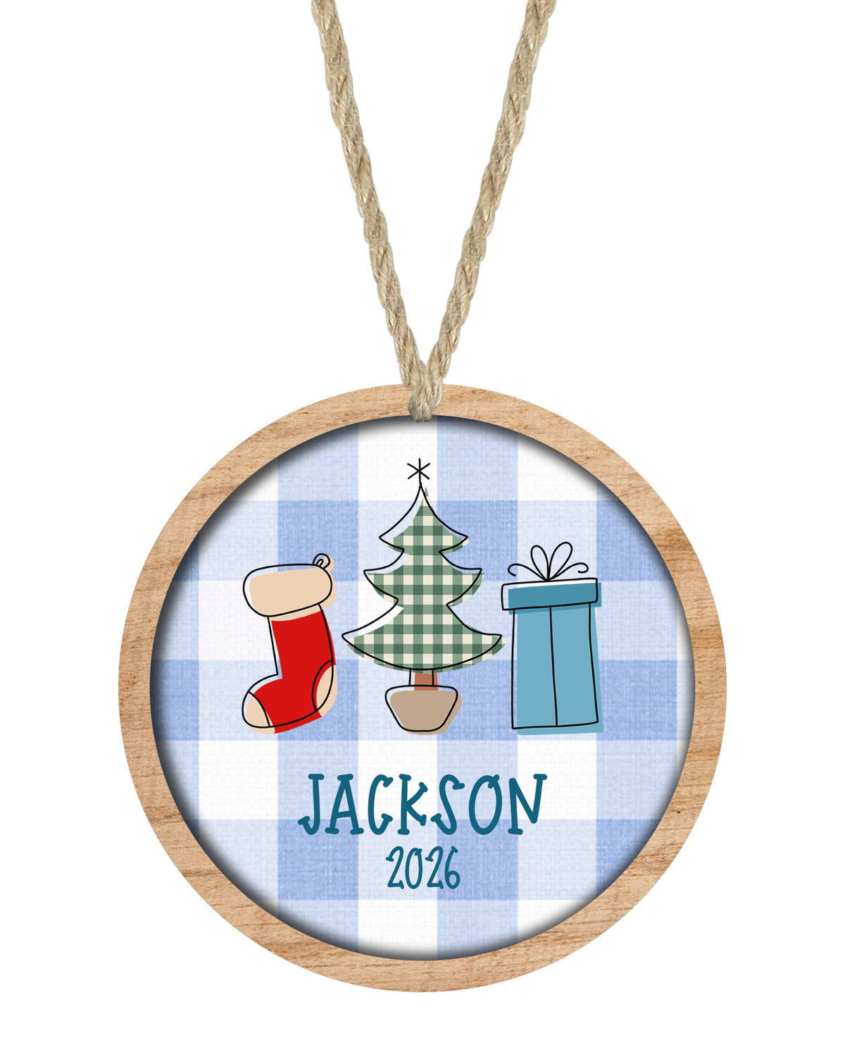 Blue Plaid Round Name Christmas ornament on white with rope hanger - The Painted Pug