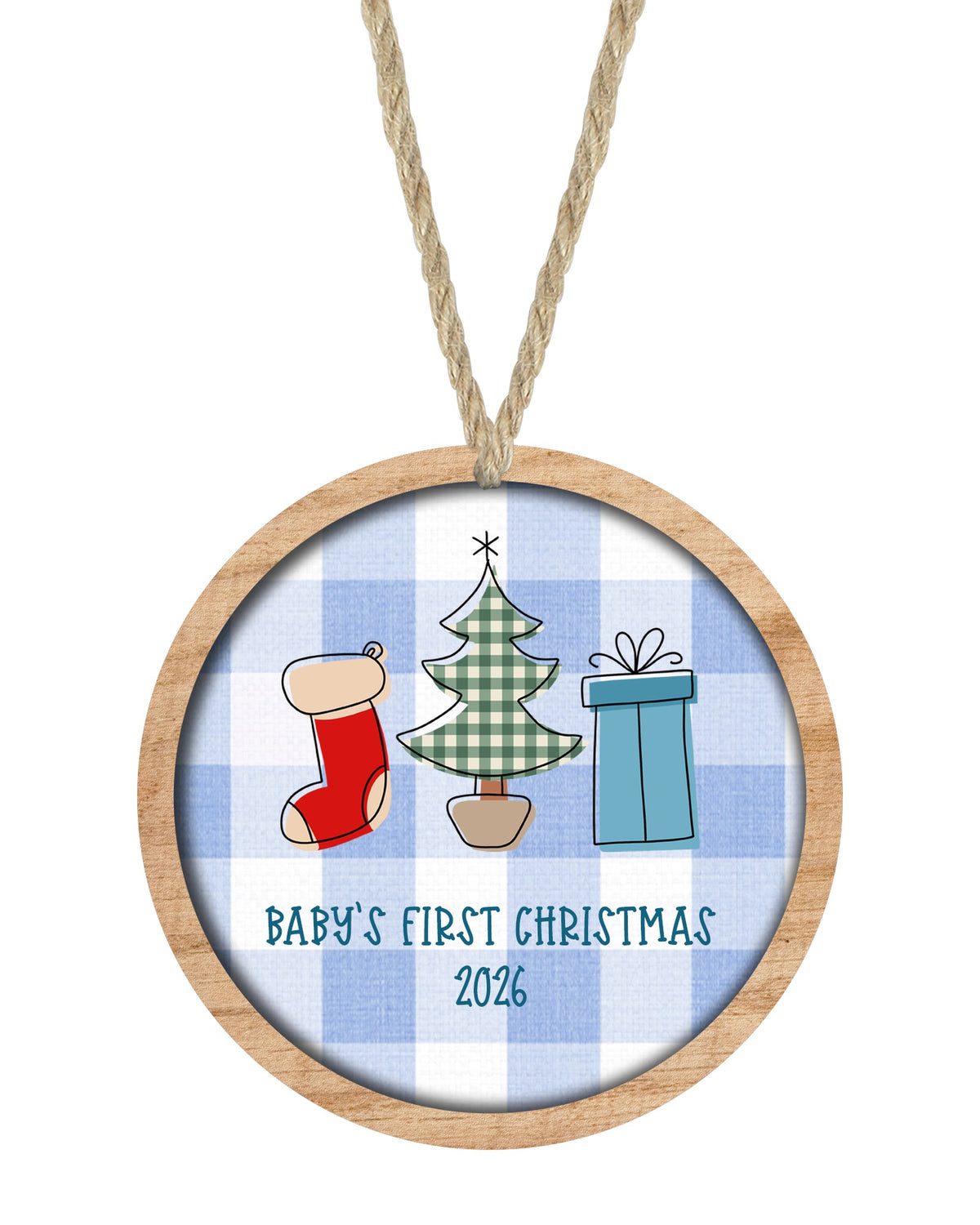 Blue Plaid Round Christmas ornament on white with rope hanger - The Painted Pug