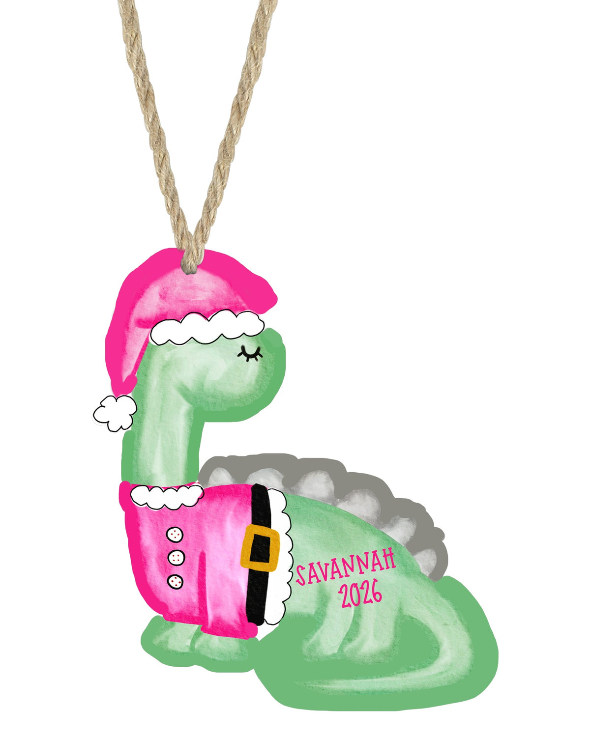 Dino Pink Christmas ornament on white with rope hanger - The Painted Pug