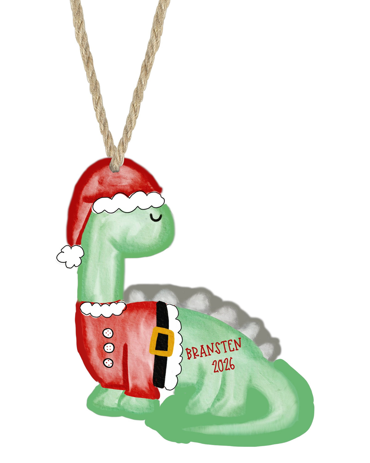 Dino Christmas ornament on white with rope hanger - The Painted Pug