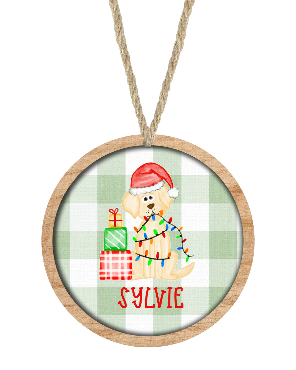 Yellow Lab dog Christmas ornament on white with rope hanger - The Painted Pug