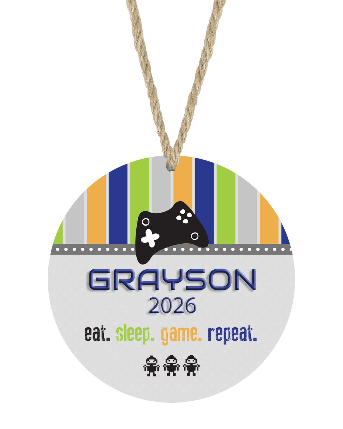 Gamer Blue Green Christmas ornament on white with rope hanger - The Painted Pug
