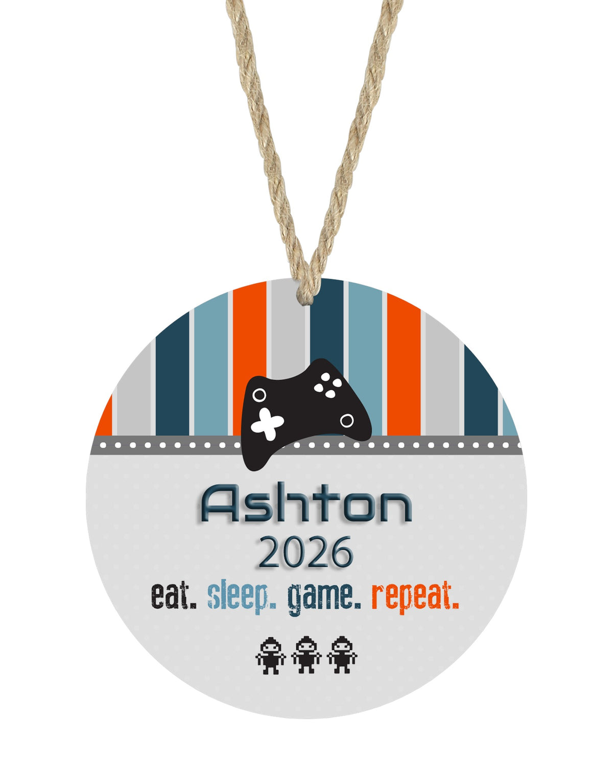 Gamer Blue Grey Christmas ornament on white with rope hanger - The Painted Pug