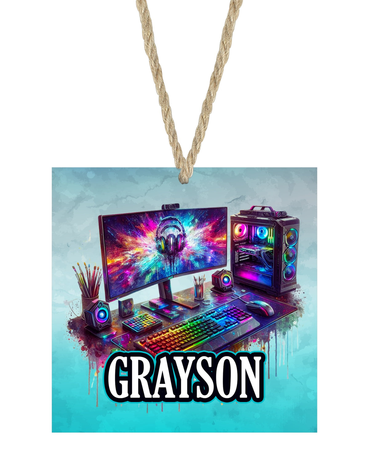 Gamer Computer Christmas ornament on white with rope hanger - The Painted Pug