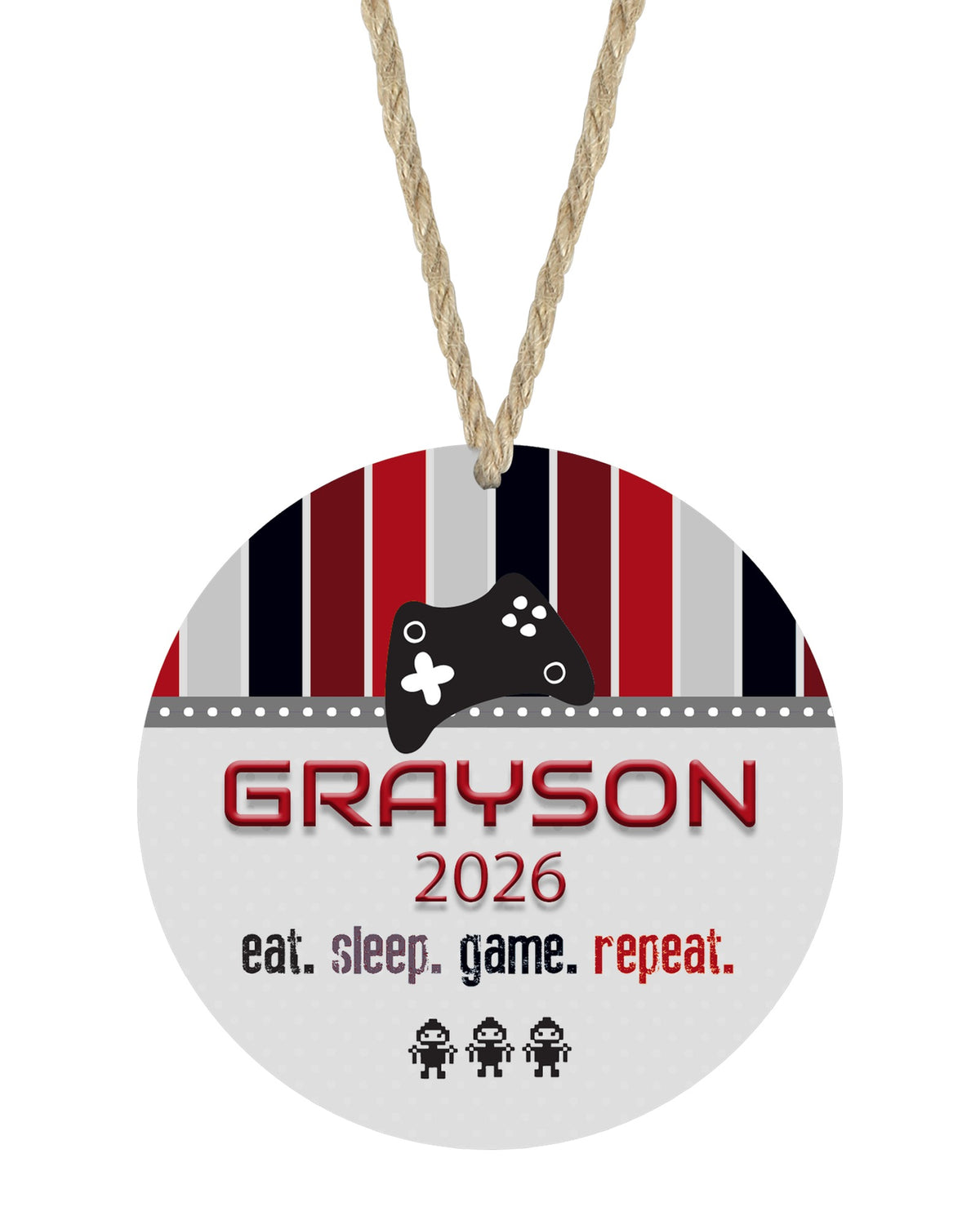 Gamer Red Black Christmas ornament on white with rope hanger - The Painted Pug