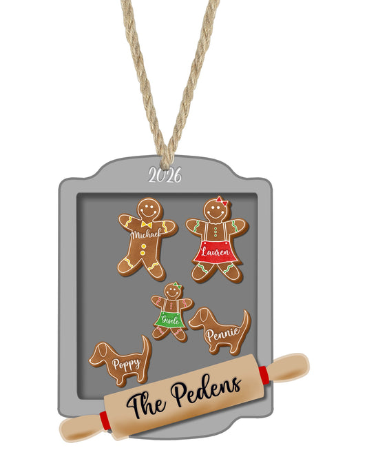 Gingerbread family Christmas ornament on white with rope hanger - The Painted Pug