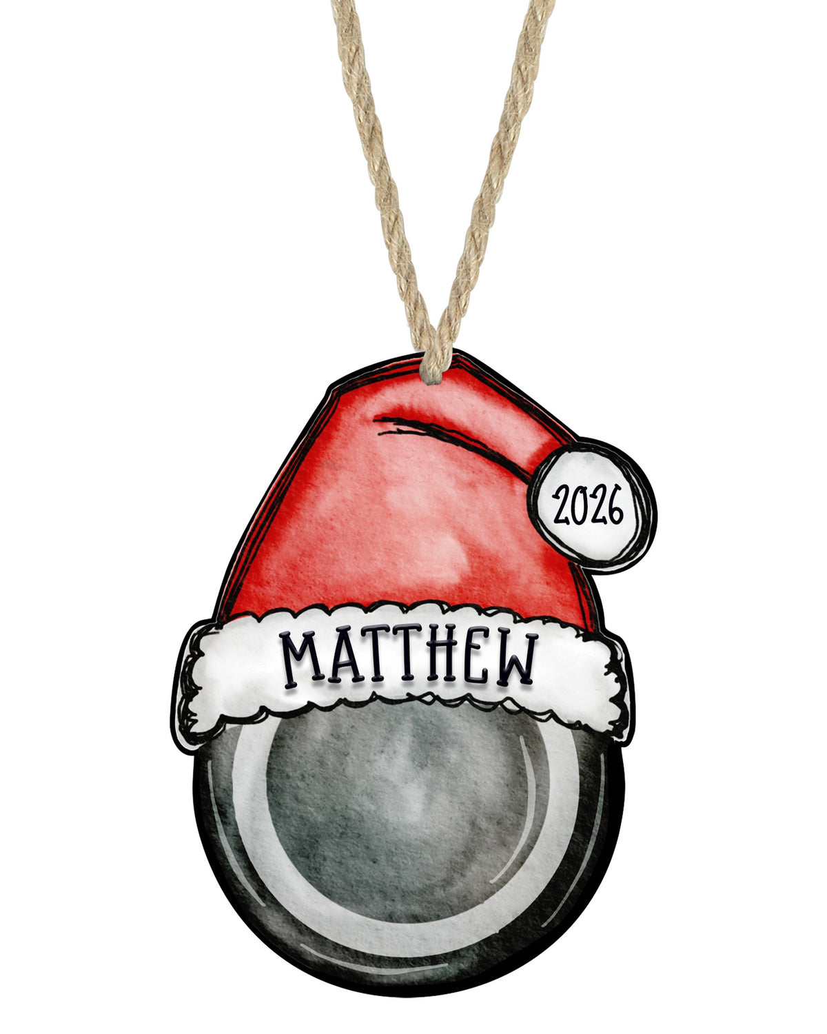 Hockey Christmas ornament on white with rope hanger - The Painted Pug