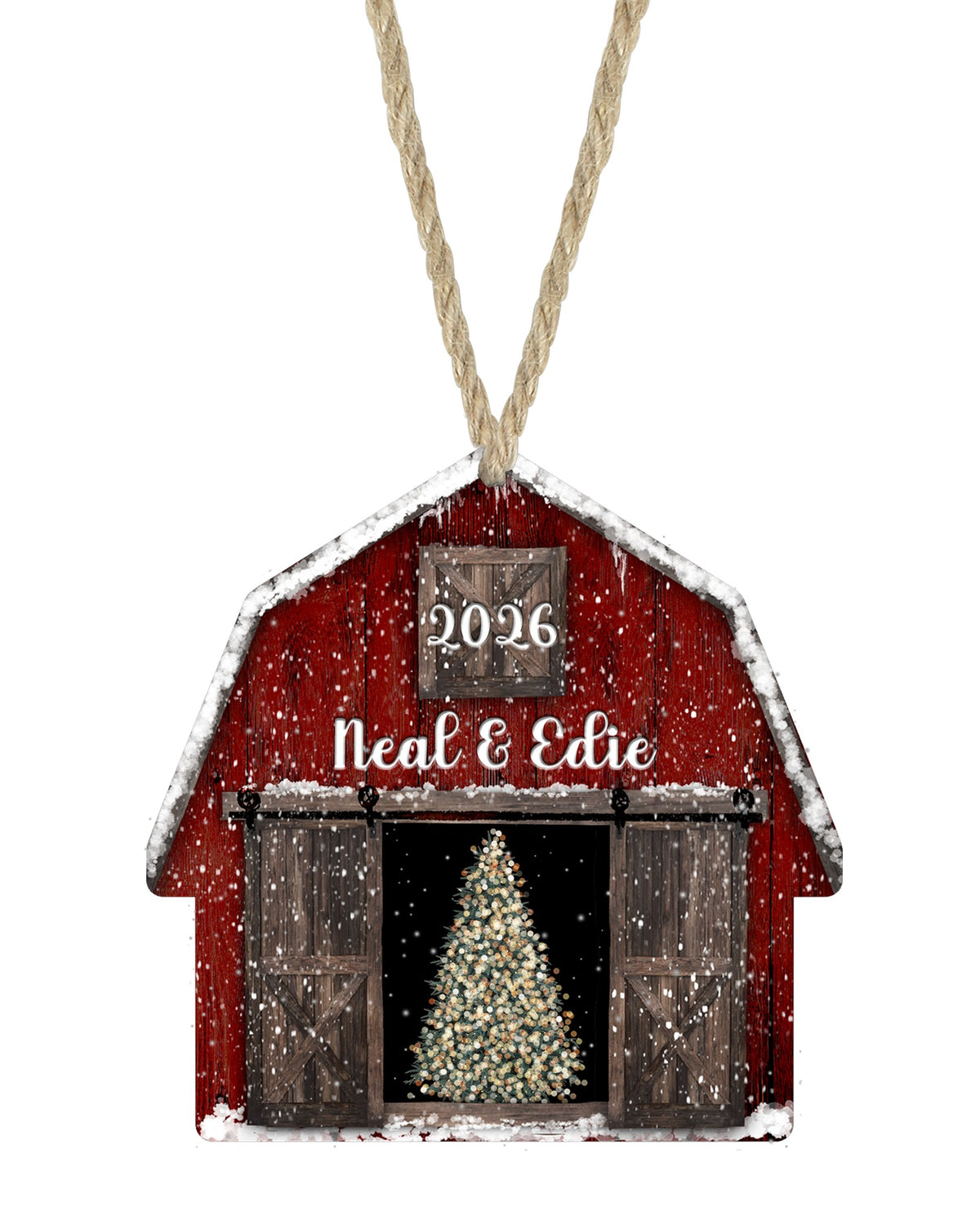 Red Barn with Tree Christmas ornament on white with rope hanger - The Painted Pug