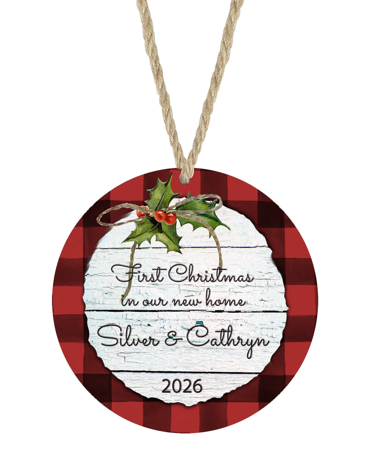 Red Plaid White Barnwood Christmas ornament on white with rope hanger - The Painted Pug