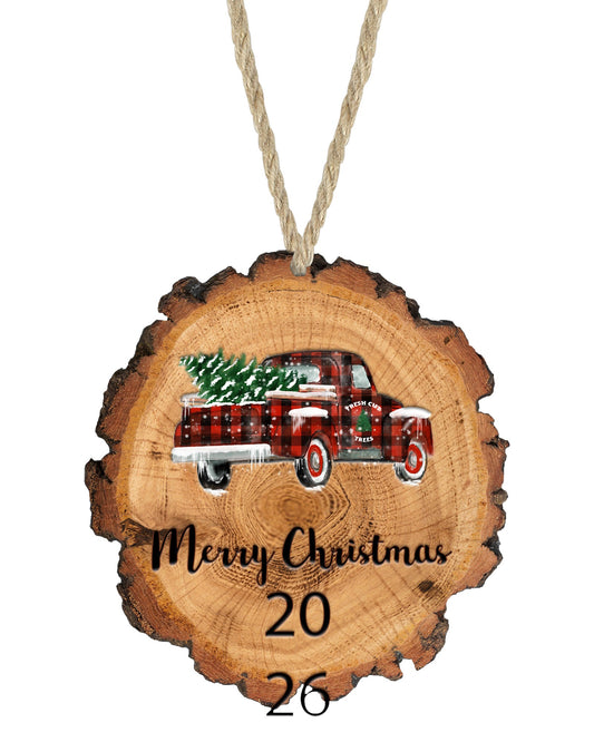 Red Truck Wood Slice Christmas ornament on white with rope hanger - The Painted Pug