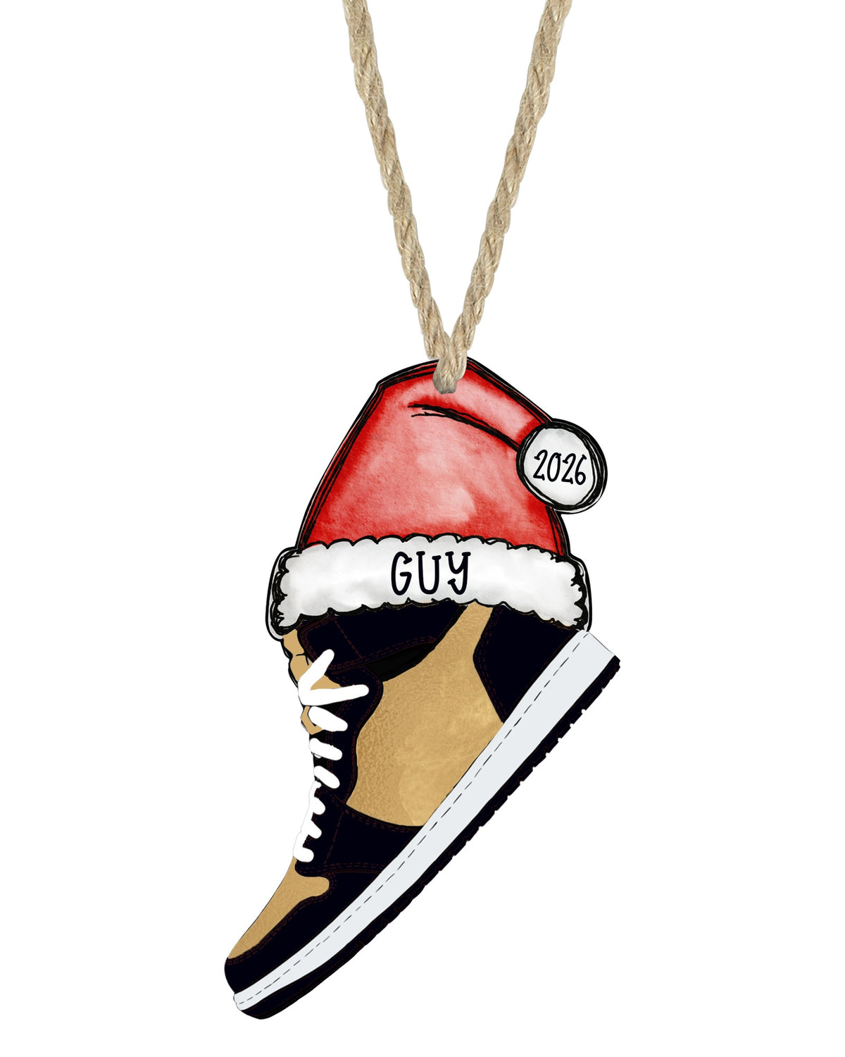Black and gold sneaker Christmas ornament on white with rope hanger - The Painted Pug