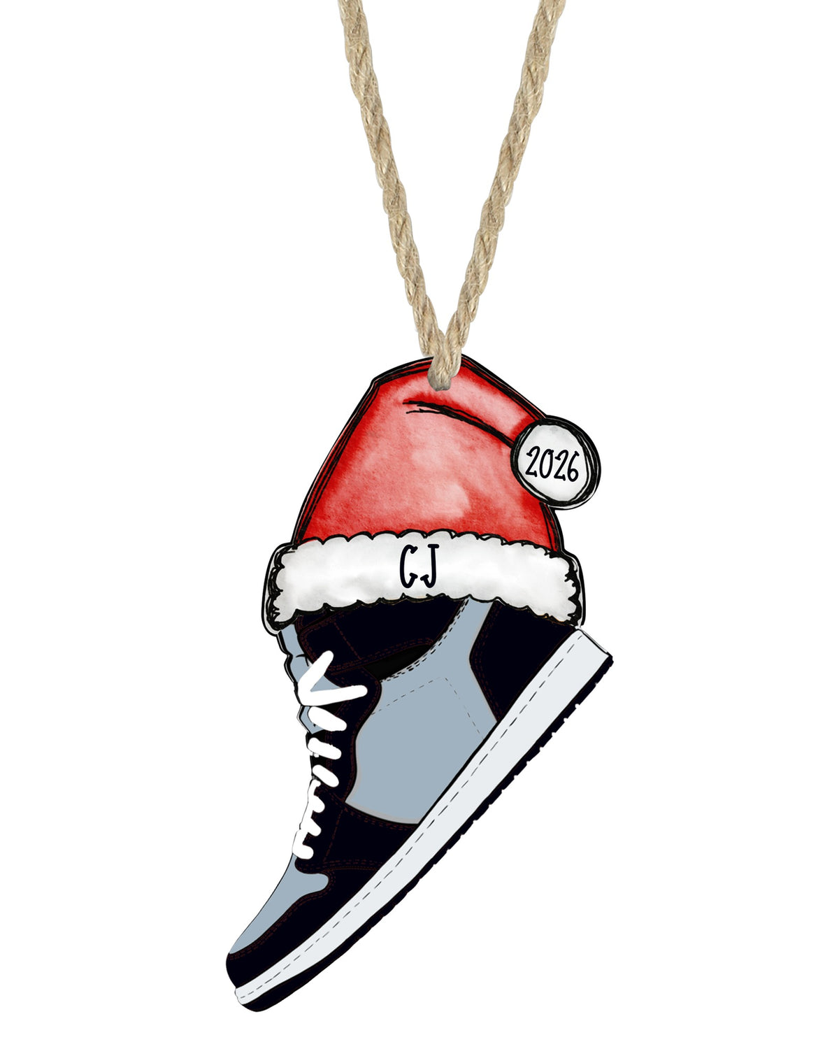 Black and grey sneaker Christmas ornament on white with rope hanger - The Painted Pug