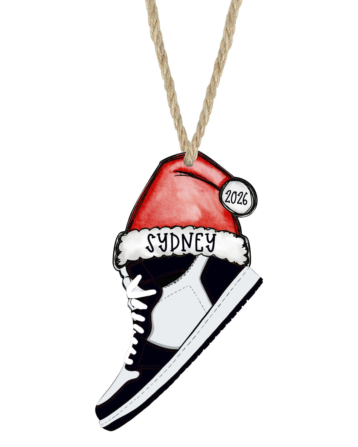 Black and white sneaker Christmas ornament on white with rope hanger - The Painted Pug