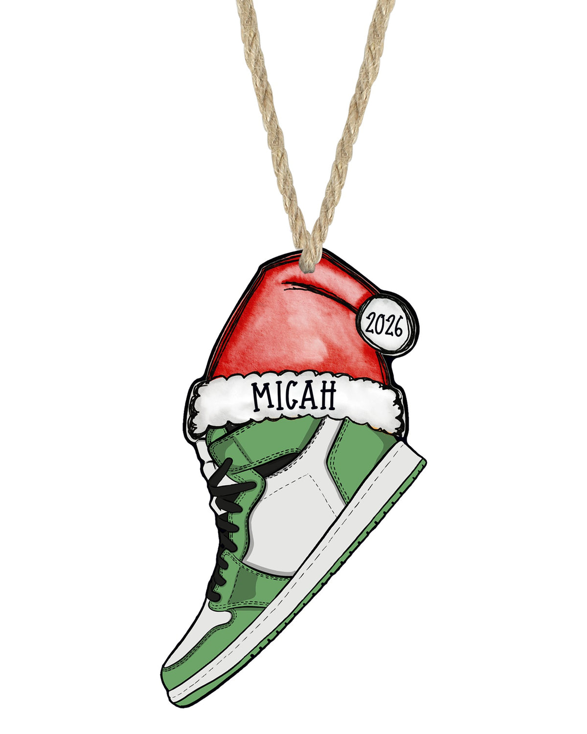 Green sneaker Christmas ornament on white with rope hanger - The Painted Pug