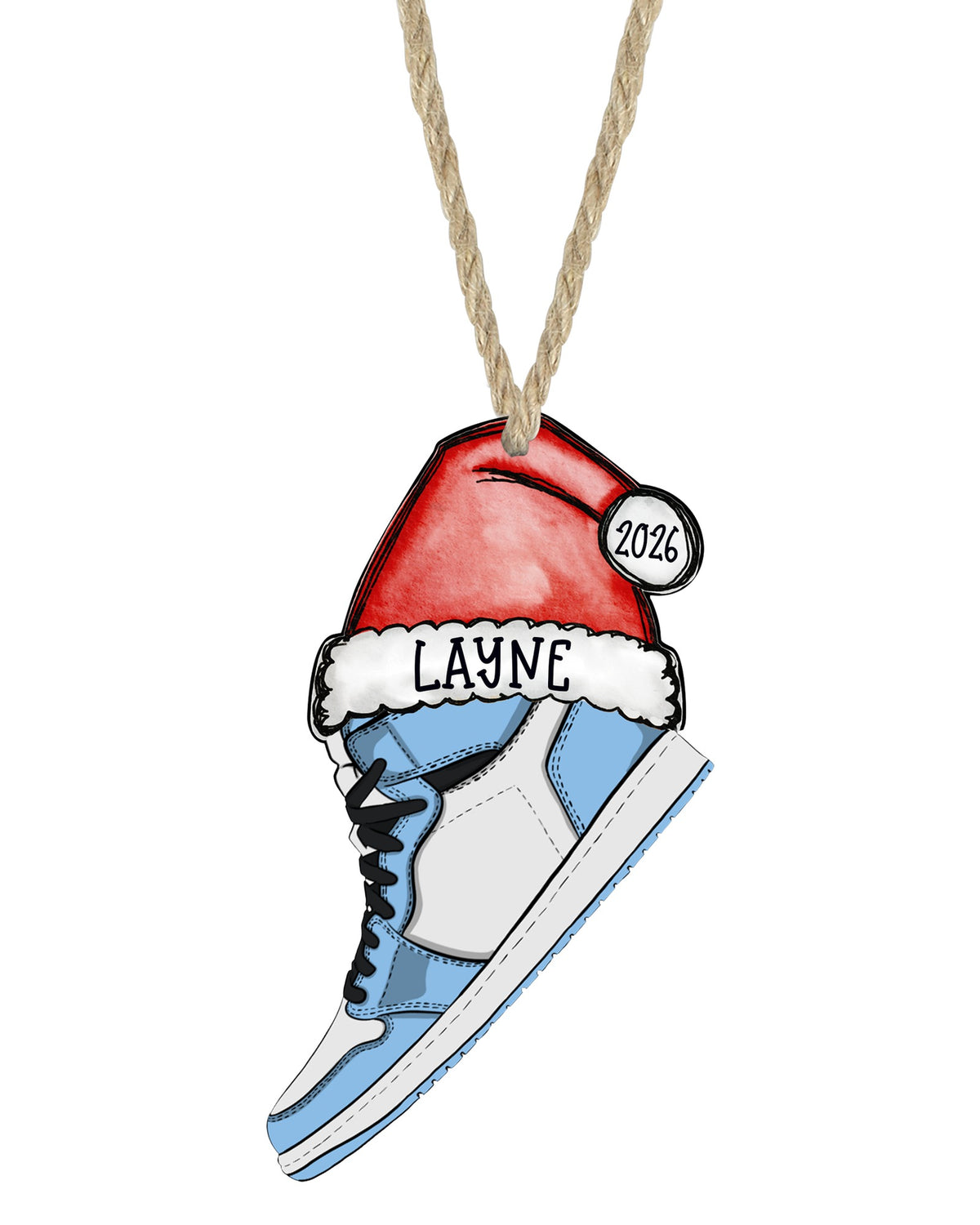 Light blue sneaker Christmas ornament on white with rope hanger - The Painted Pug