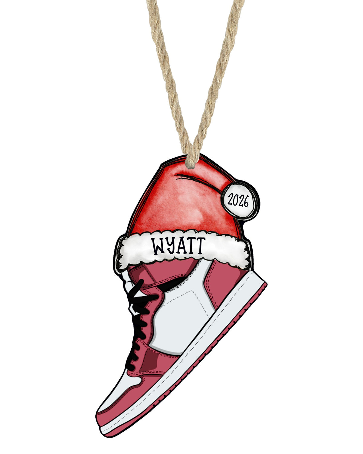 Maroon sneaker Christmas ornament on white with rope hanger - The Painted Pug