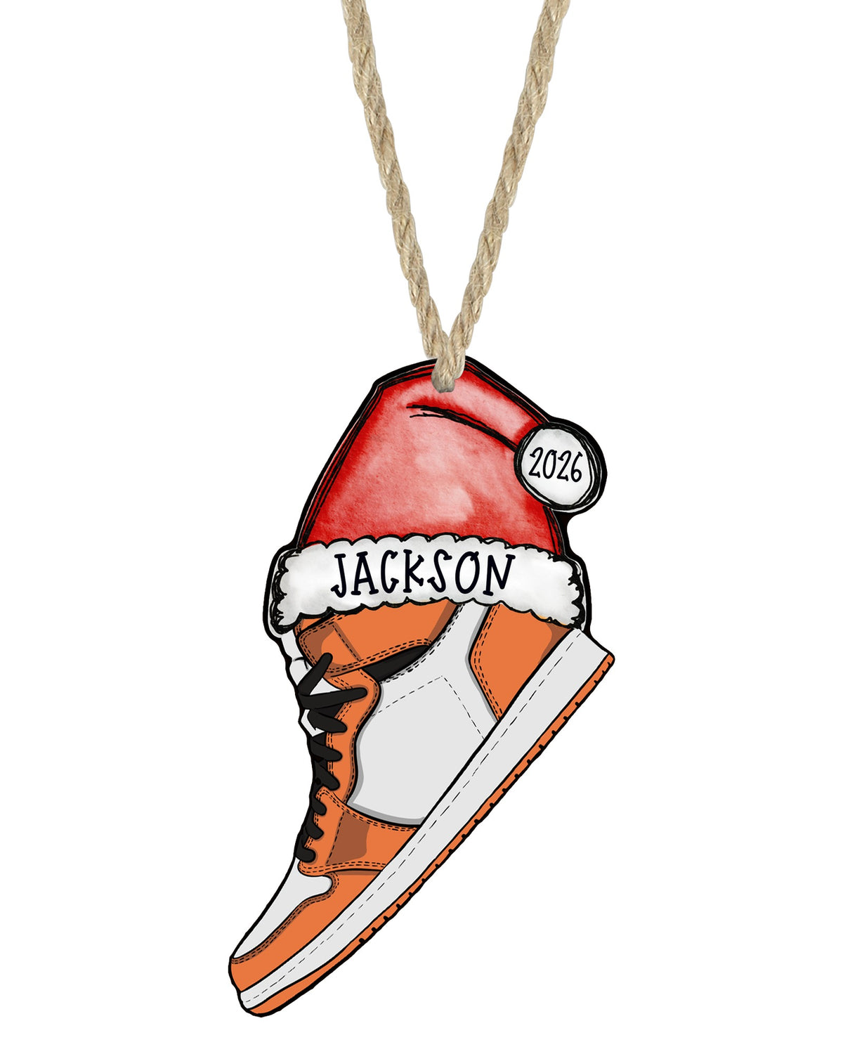 Orange sneaker Christmas ornament on white with rope hanger - The Painted Pug