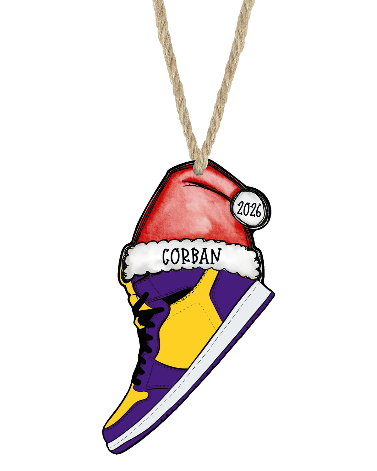 Purple and gold sneaker Christmas ornament on white with rope hanger - The Painted Pug